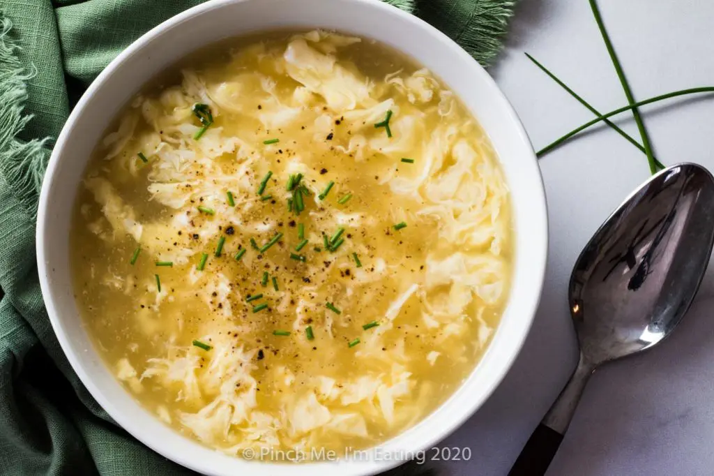 Overhead photo of bowl of easy Chinese egg drop soup recipe