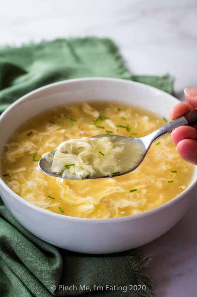 Spoonful of homemade Chinese egg drop soup