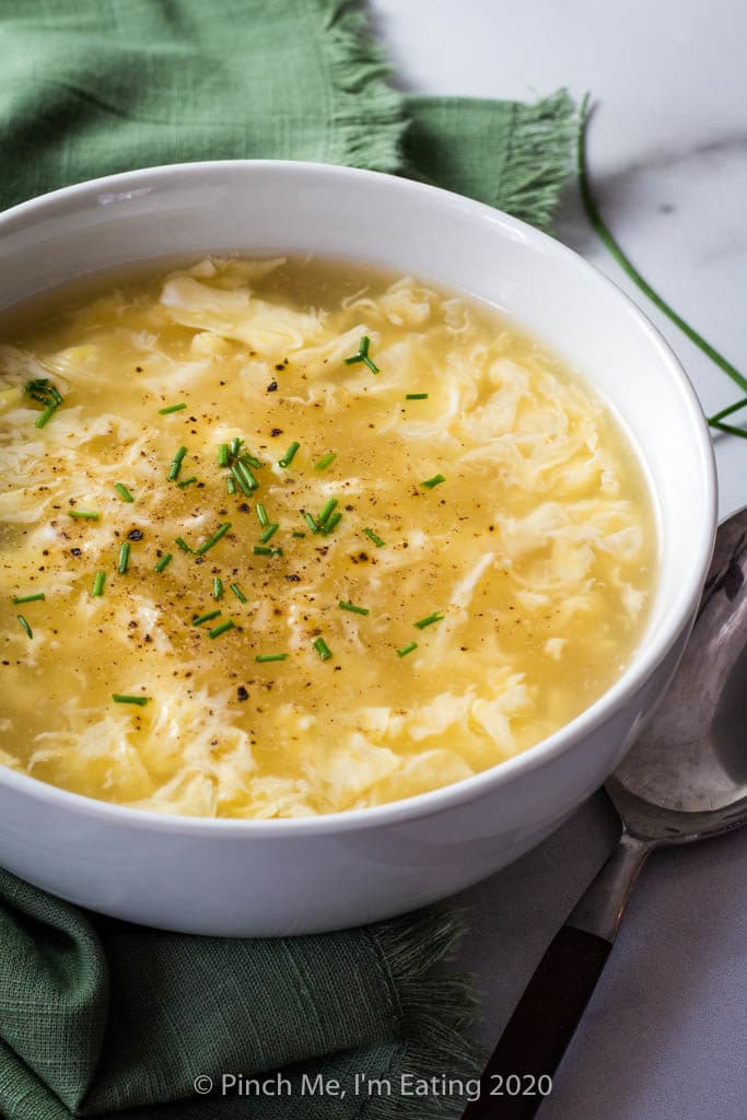 Easy egg drop soup topped with chives