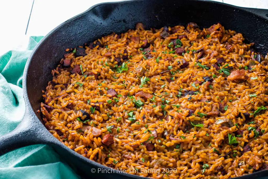 A cast iron skillet of Charleston red rice