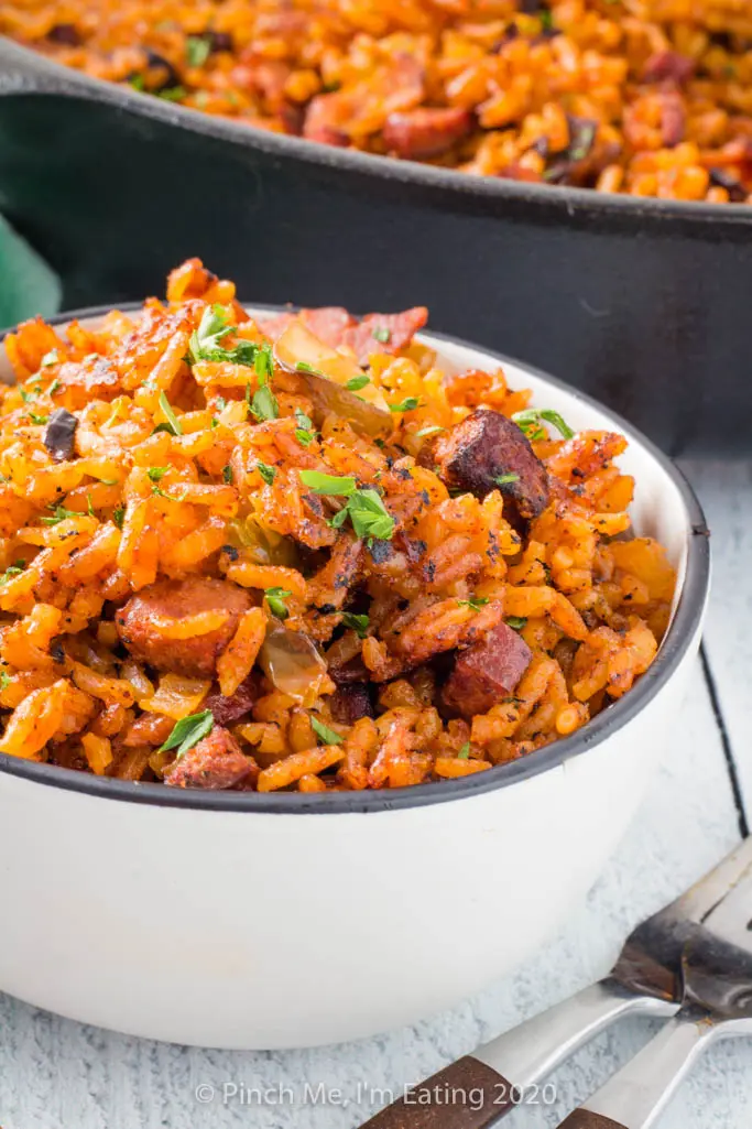 Closeup of Charleston red rice with sausage in a small bowl