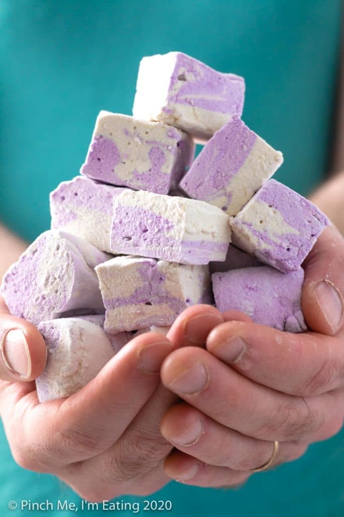 Cupped hands holding a mount of purple and white swirled homemade Earl Grey marshmallows in front of an aqua shirt