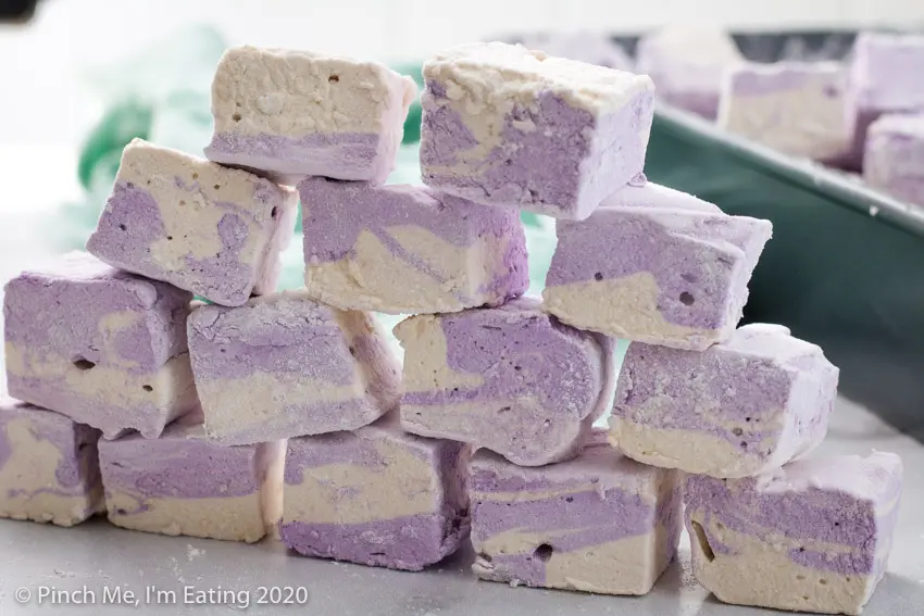 A pyramid of stacked purple and white swirled homemade Earl Grey marshmallows