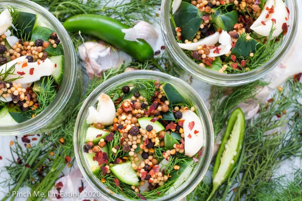 Overhead view of three jars of spicy refrigerator dill pickles with fresh dill and serrano peppers. Jars are topped with garlic, pickling spices, and red pepper flakes.