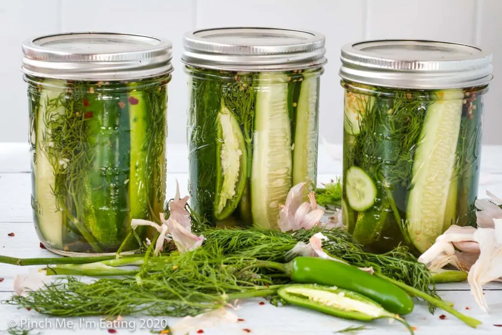 Three closed mason jars of spicy refrigerator dill pickles with fresh dill and serrano peppers in the foreground.