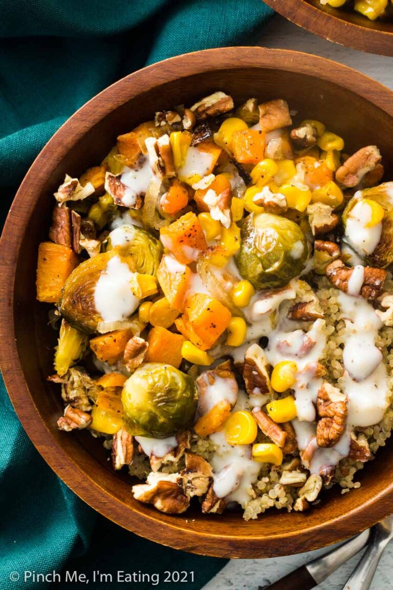 Roasted Vegetable and Quinoa Harvest Bowls with Creamy Mozzarella Sauce and Pecans