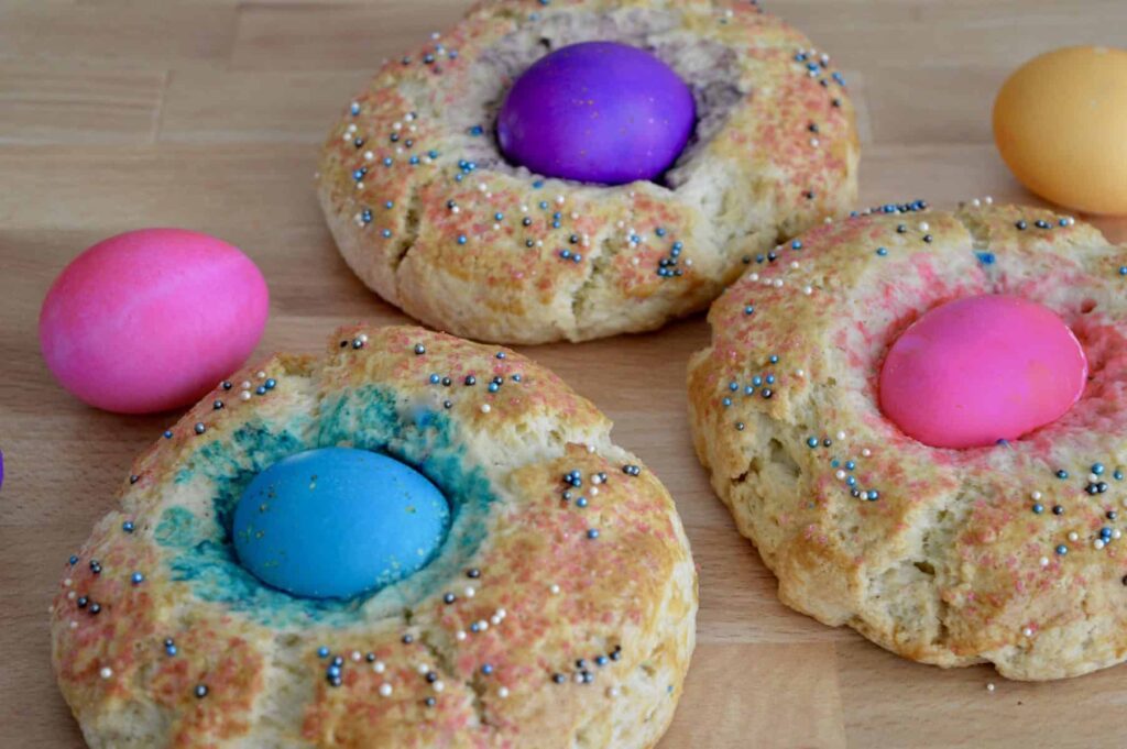 Italian Easter Bread with colored eggs in the middle