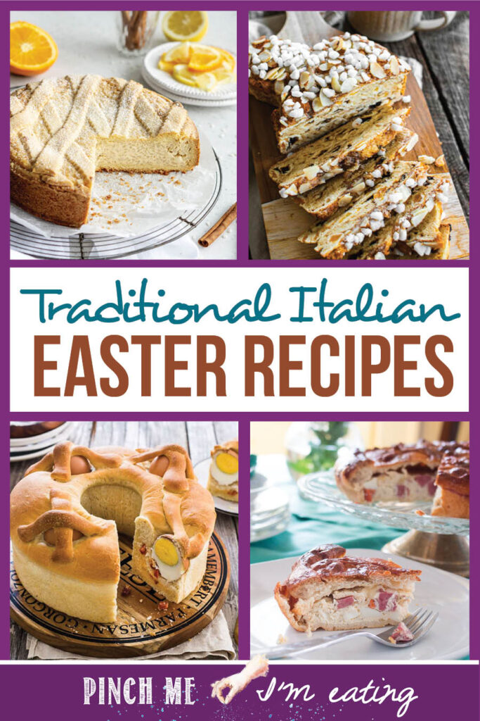 Collage of traditional Italian Easter recipes, including pizza rustica, Colomba Pasquale (Easter Dove Bread), Casatiello (stuffed Easter bread), and Pastiera di Riso (Easter Rice pie)