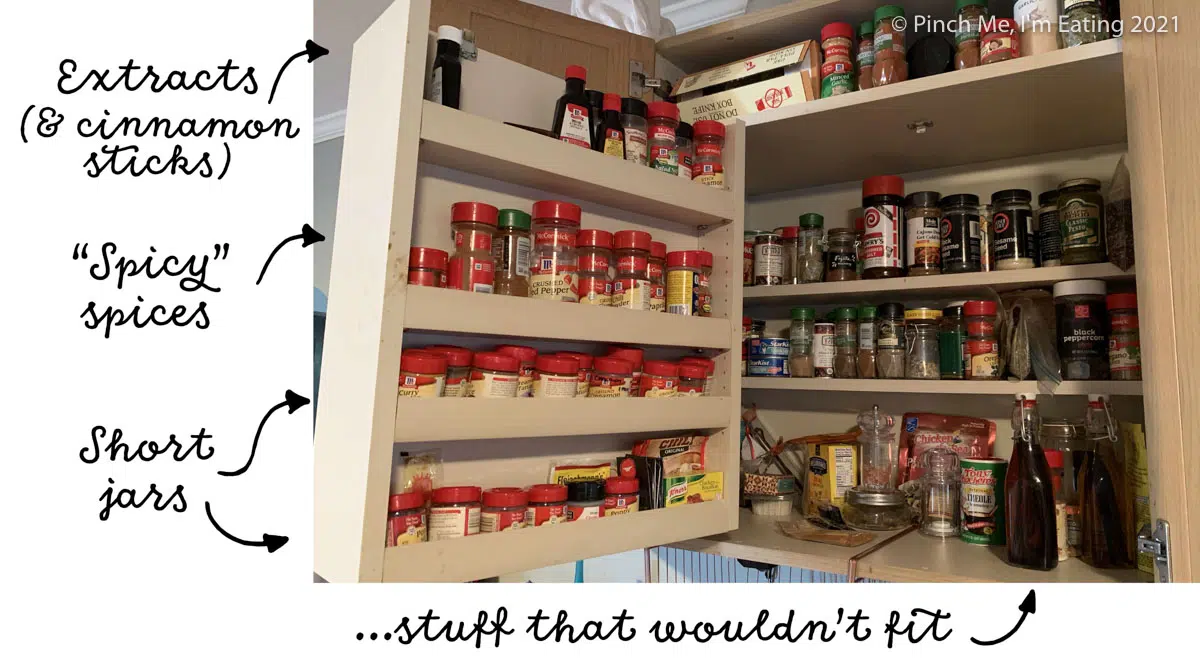 Cabinet with swinging spice shelf insert - labeled with organization