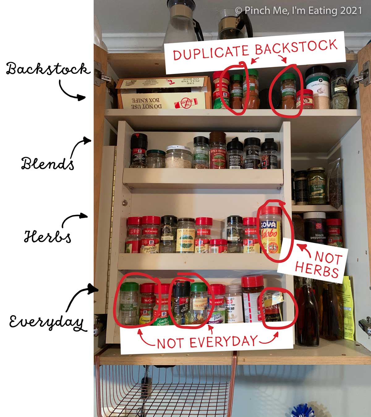 Cabinet with swinging spice shelf insert - labeled with flaws in organization