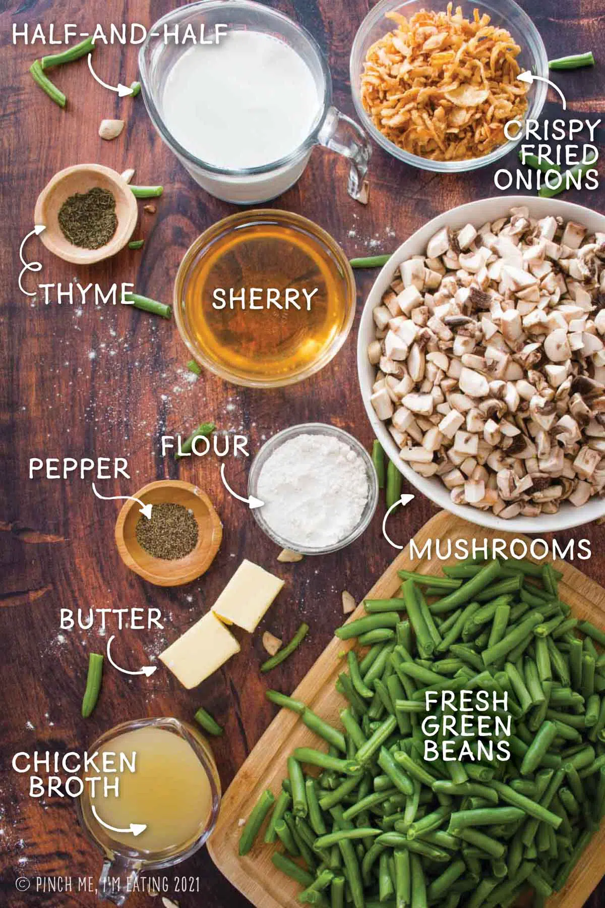 Labeled photo of ingredients for fresh green bean casserole.