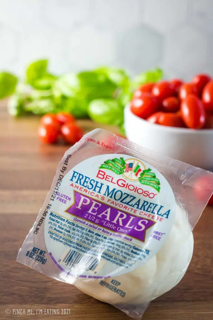 Packaged fresh mozzarella pearls.