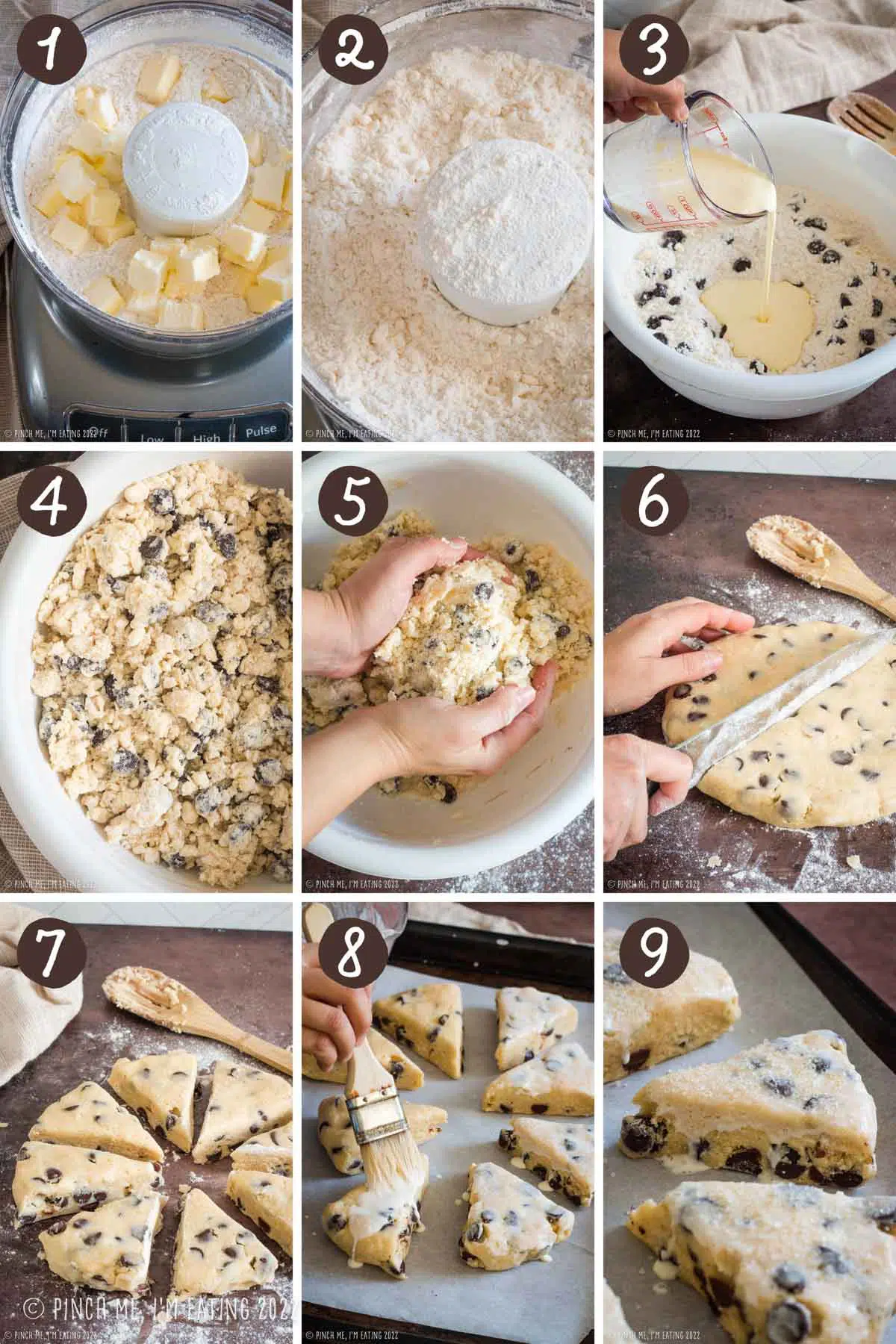 Step by step photo collage for making homemade dark chocolate chip scones from scratch.