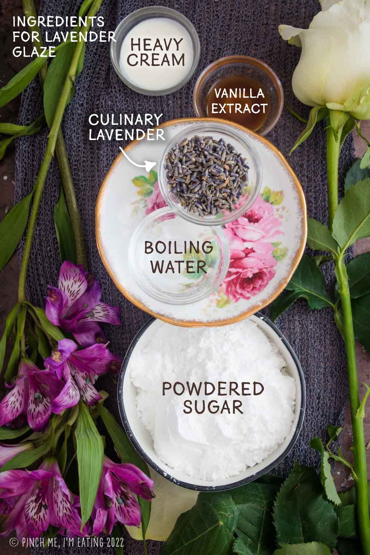 Ingredients for making lavender glaze for Earl Grey scones.