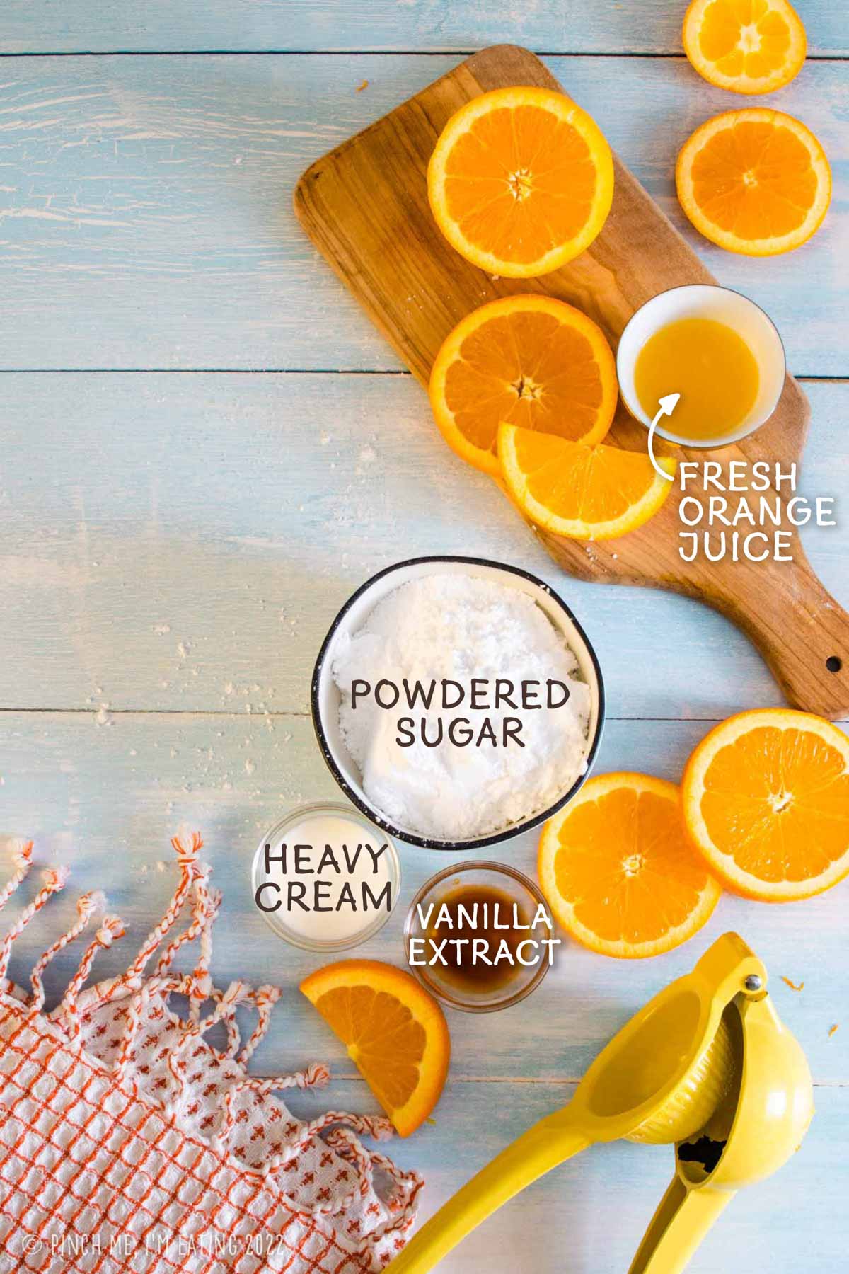 Ingredients for fresh orange juice glaze for scones.