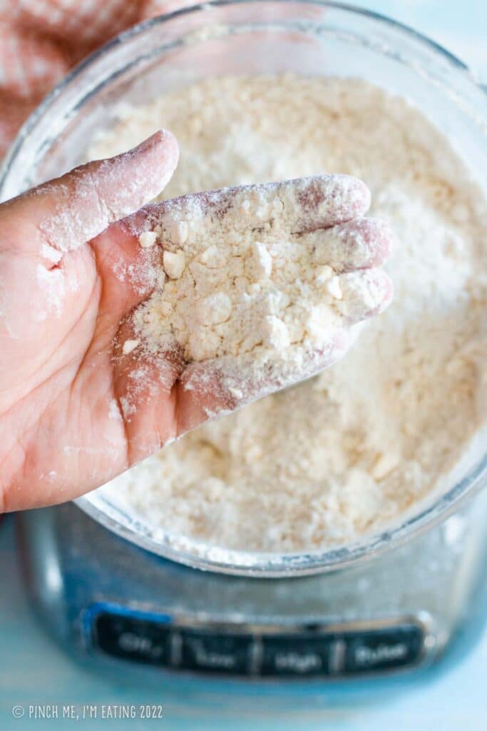 Hand showing texture of scone ingredients after cutting in cold butter with a food processor.