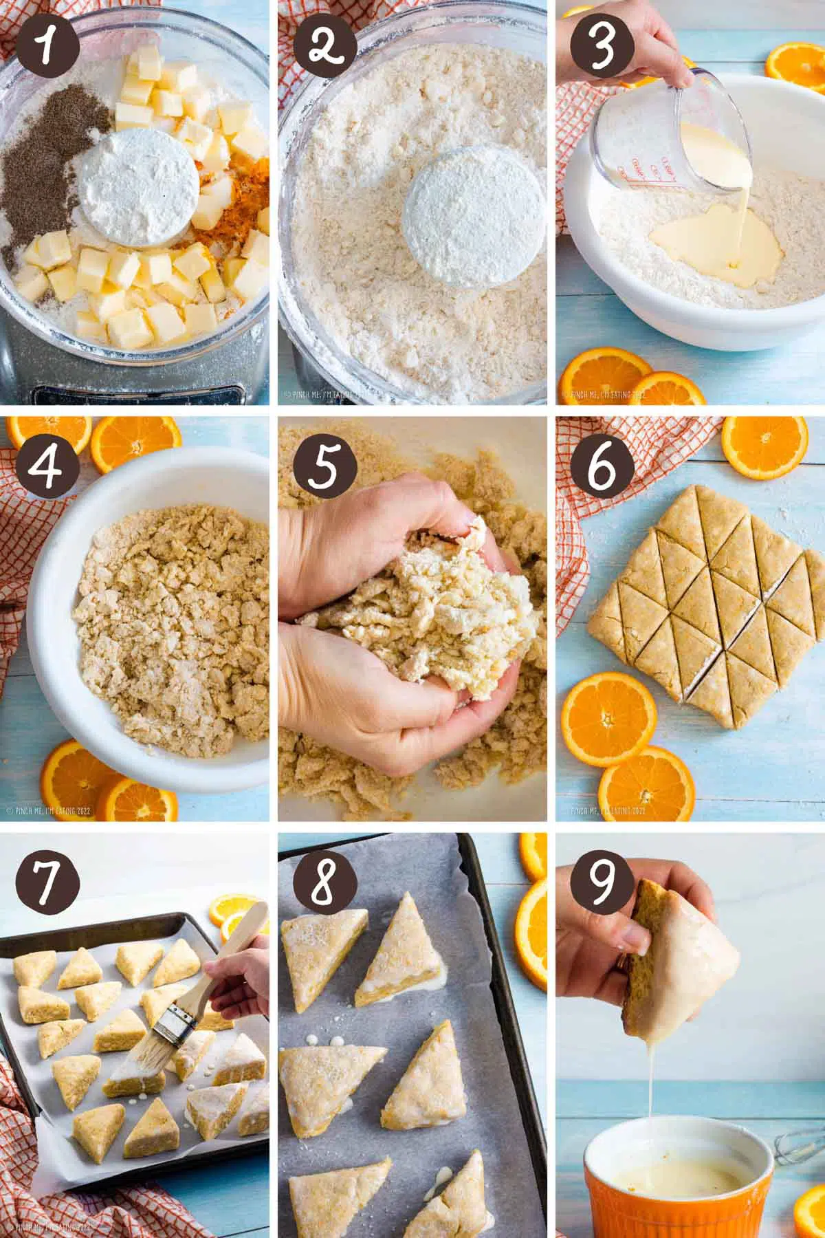 Step by step photos for making homemade glazed orange scones with a food processor.
