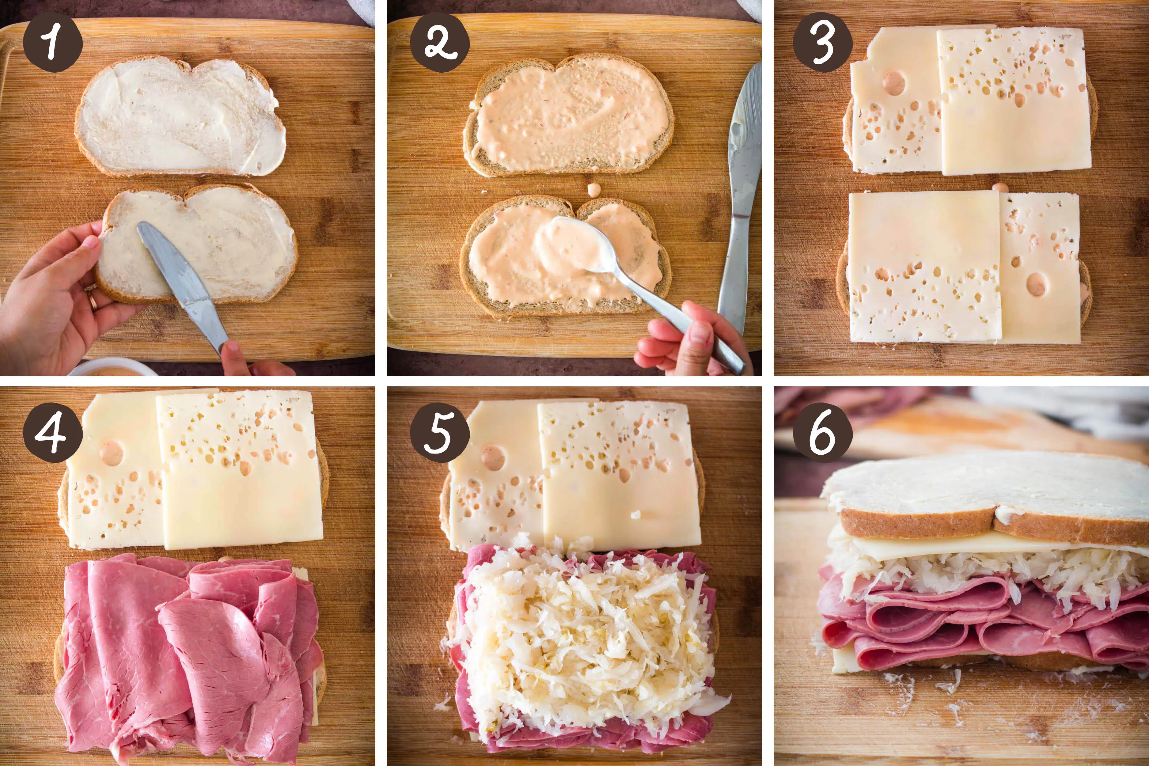 Step by step photos for how to make a traditional corned beef Reuben sandwich.