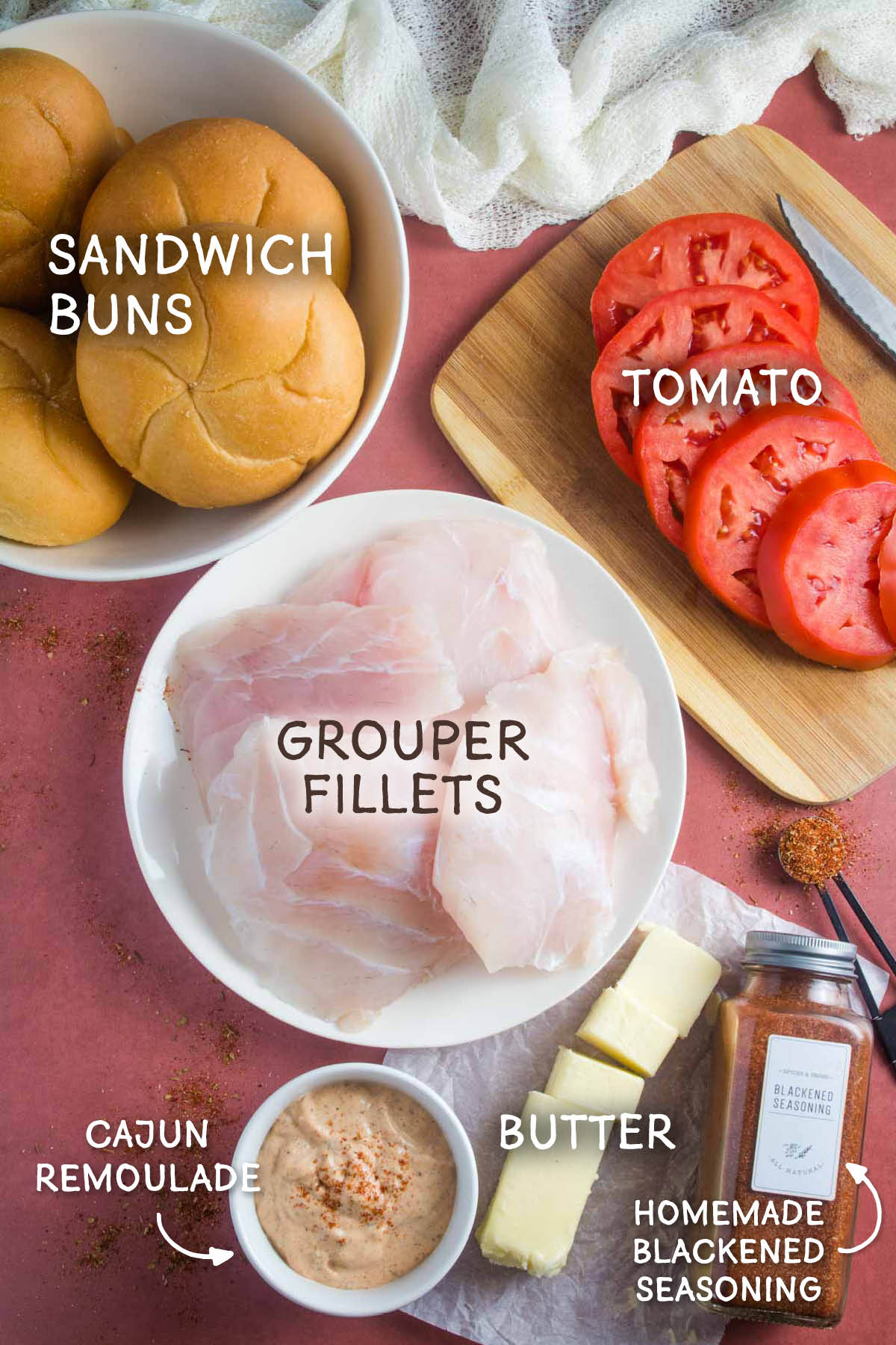 Overhead view of ingredients for blackened grouper sandwiches.