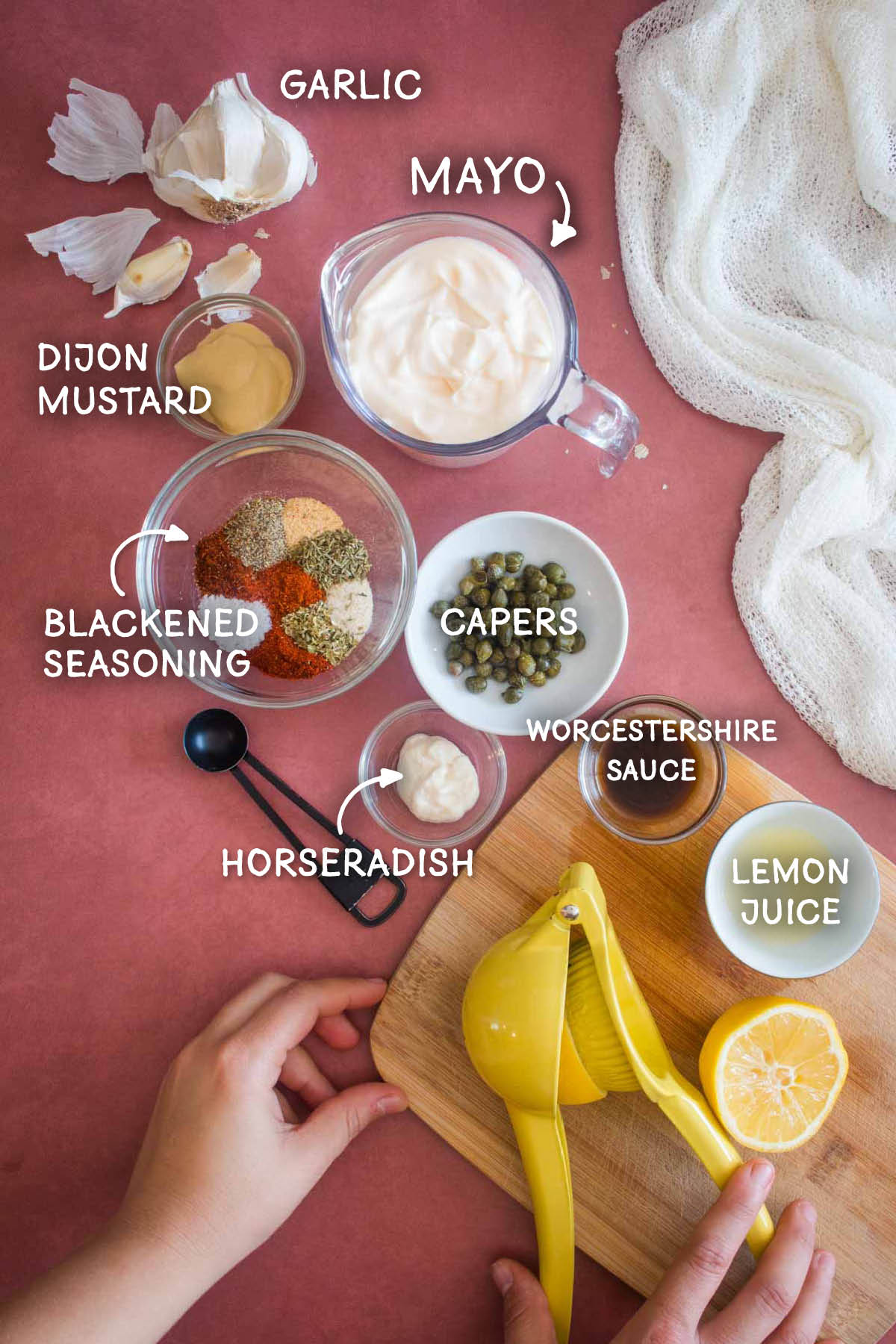 Ingredients for easy homemade Cajun remoulade sauce with blackened seasoning.
