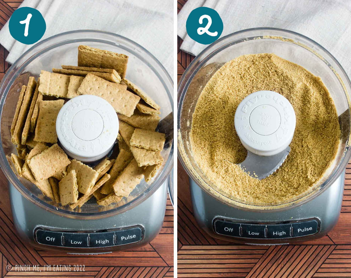 Step by step photos of pulverizing graham crackers in a food processor.