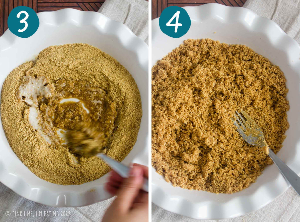 Step by step photos of mixing graham cracker crumbs with sugar and melted butter.