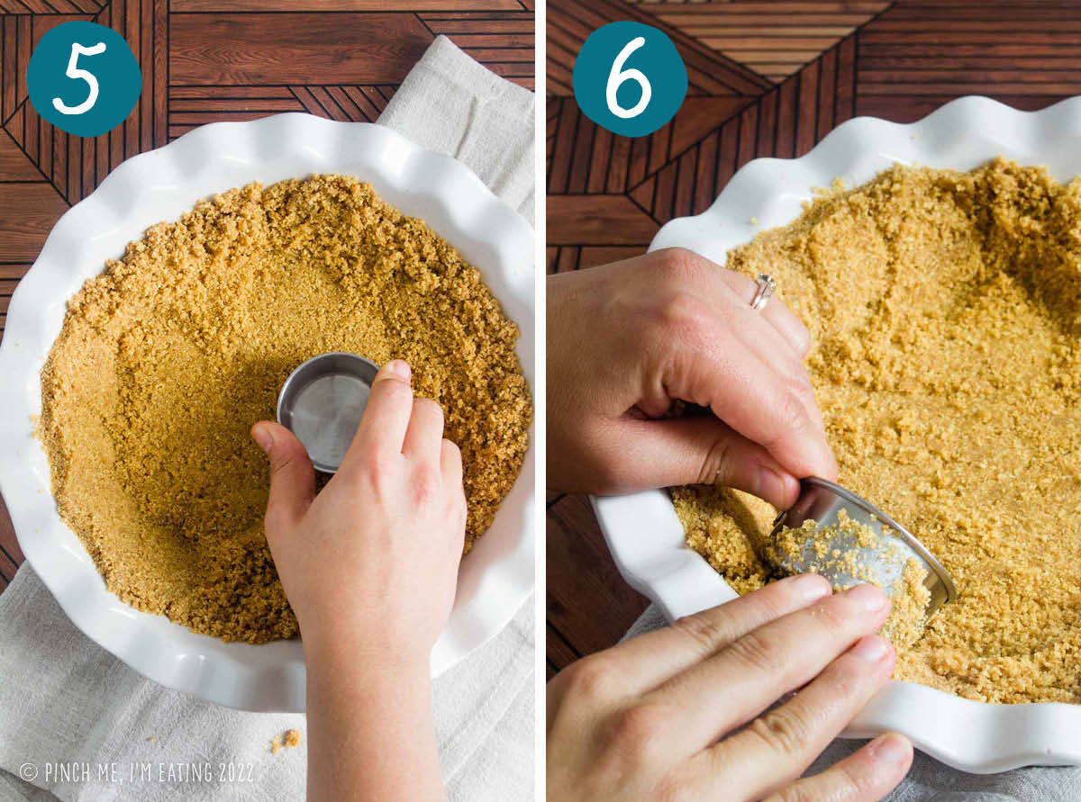 Step by step photos of compacting graham cracker crust against the bottom and sides of pie plate with the bottom of a measuring cup.