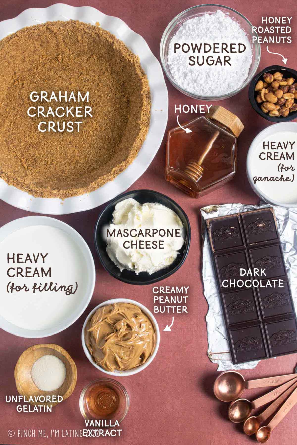 Ingredients for peanut butter mousse pie with graham cracker crust, chocolate ganache, and honey.