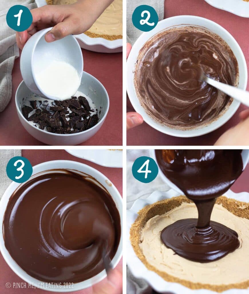 Step by step photos of mixing chocolate ganache.