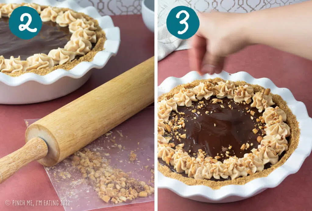 Step by step photos of crushing peanuts and sprinkling them on top of no bake chocolate peanut butter pie.