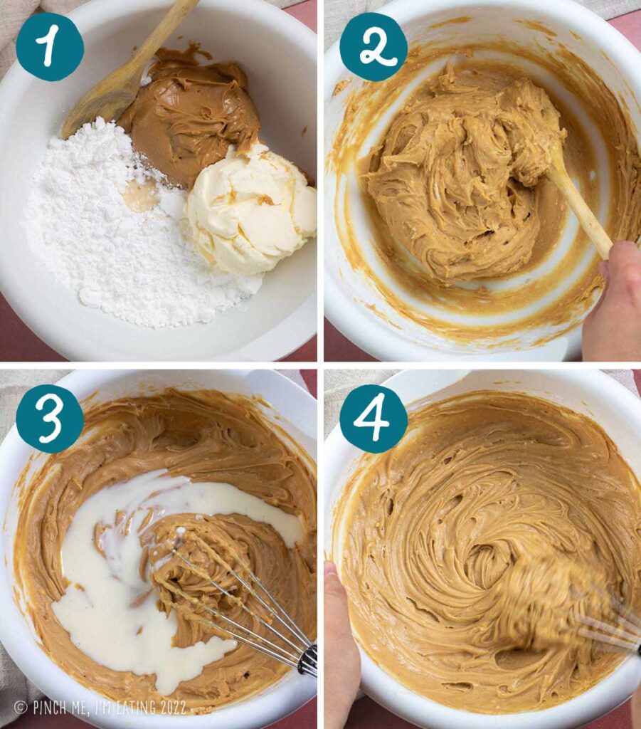Step by step photos of mixing peanut butter mixture.