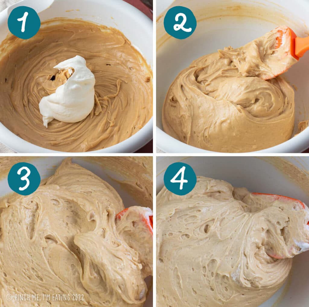 Step by step photos of folding whipped cream into peanut butter mixture.