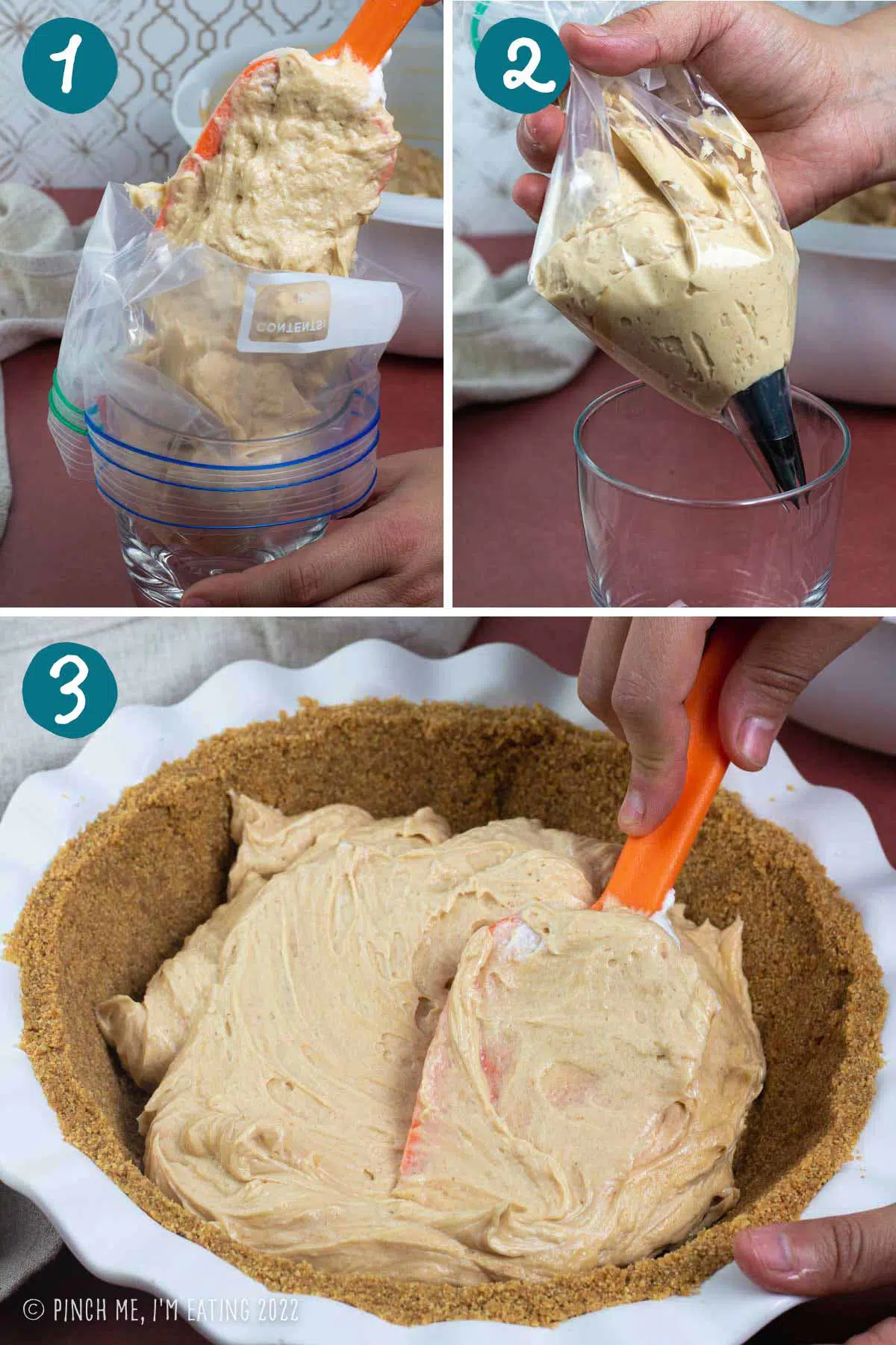 Step by step photos of reserving peanut butter mousse in a ziplock bag fitted with a piping tip and spreading mousse in crust.