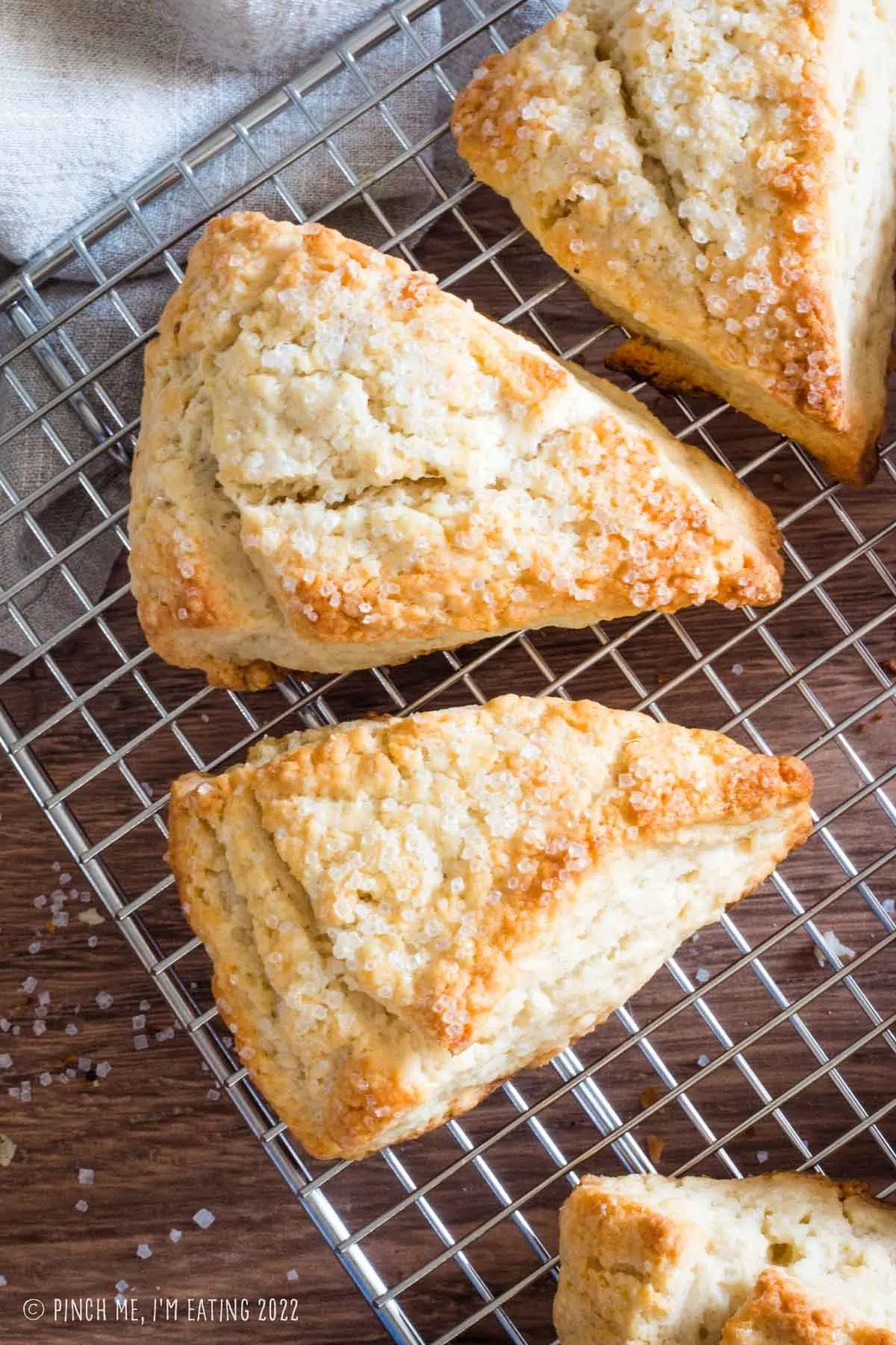 Golden brown plain scones topped with sanding sugar on a metal cooling rack.