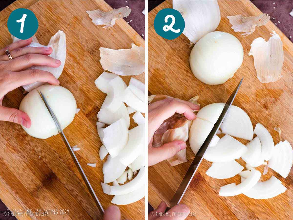 Step by step photos for cutting onion for hibachi vegetables.