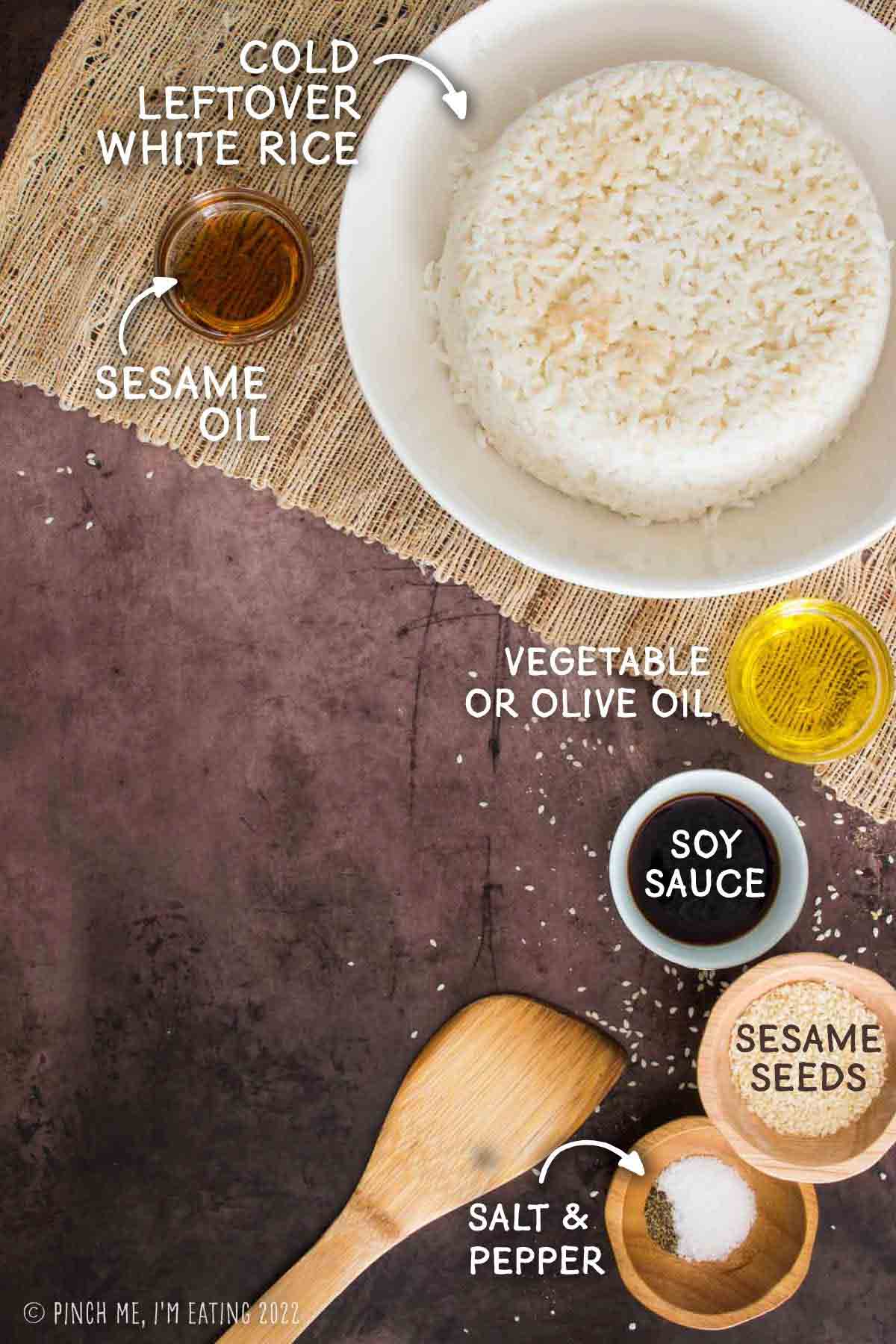 Ingredients for simple sesame hibachi fried rice.