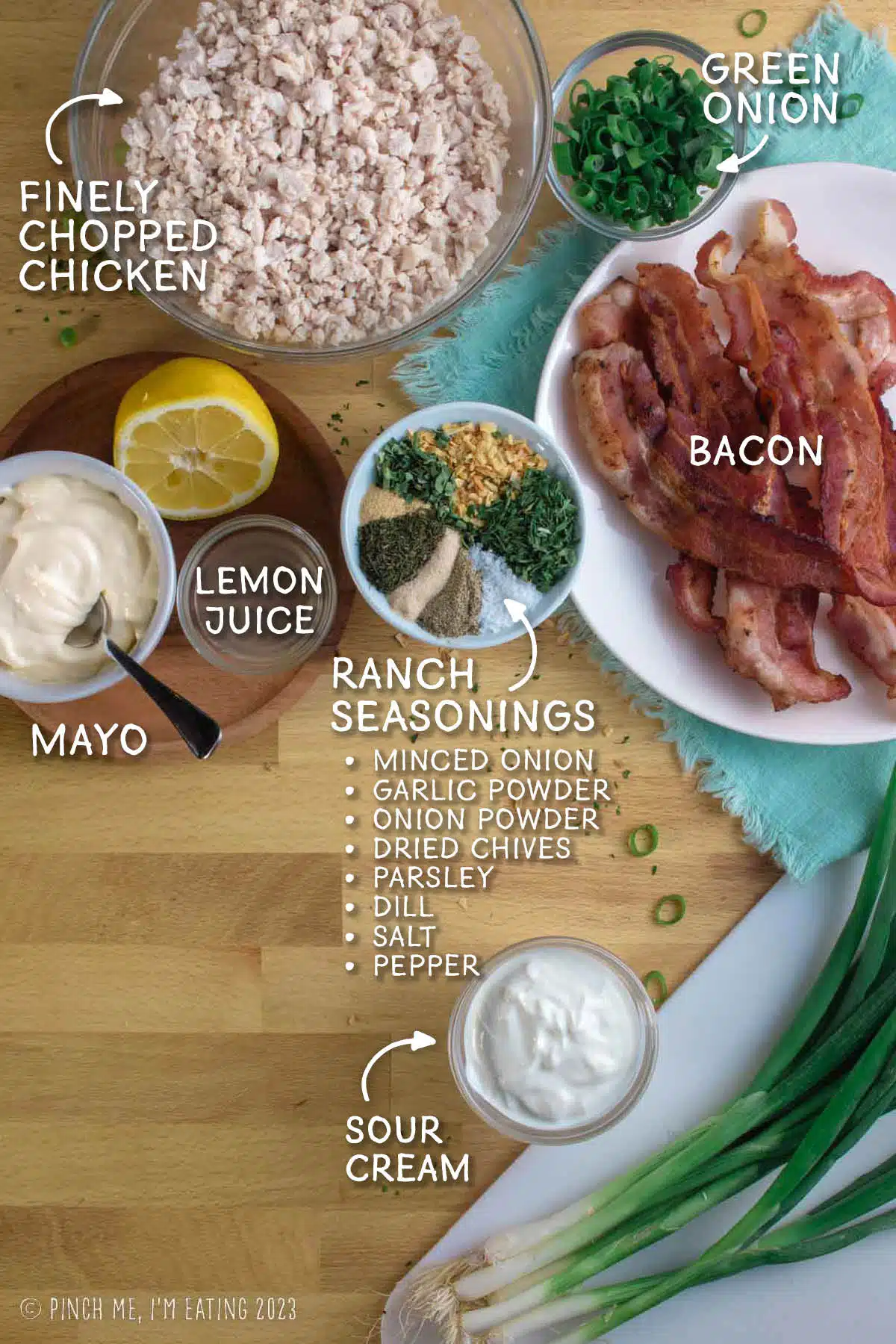 Ingredients for bacon ranch chicken salad.