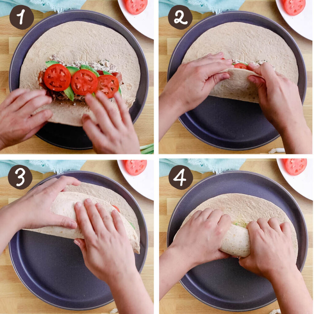 Step by step collage on how to roll a wrap.