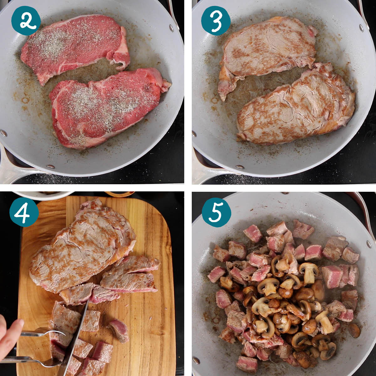 Step by step collage for how to make hibachi steak: cooking and cutting steak.