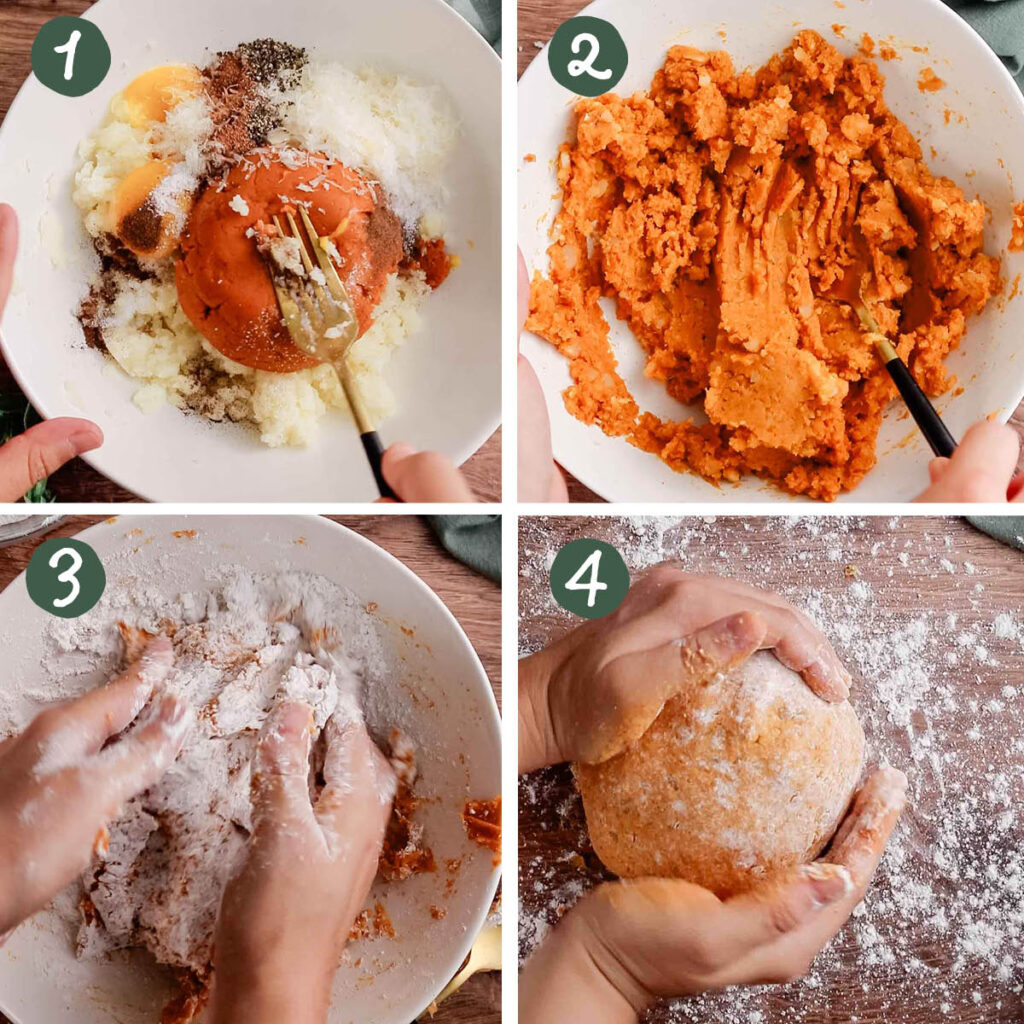 Step by step photos on how to make homemade pumpkin gnocchi dough.
