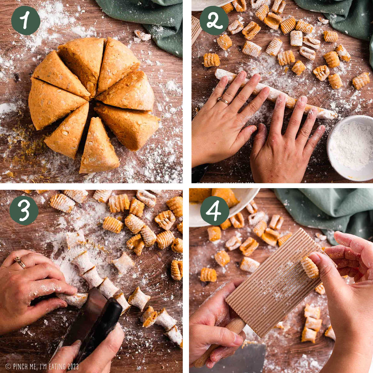 Step by step photos on how to shape homemade pumpkin gnocchi.
