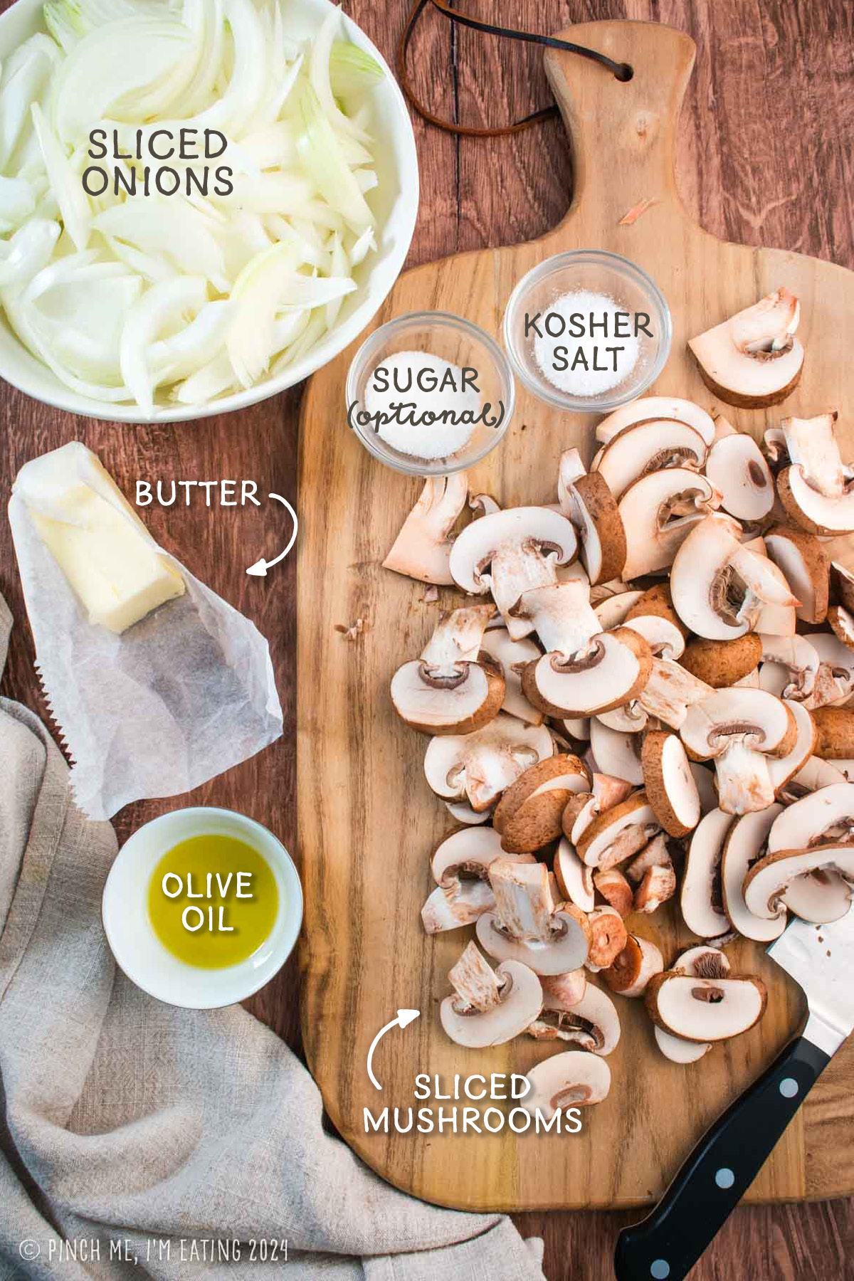 Ingredients for making caramelized onions and mushrooms.