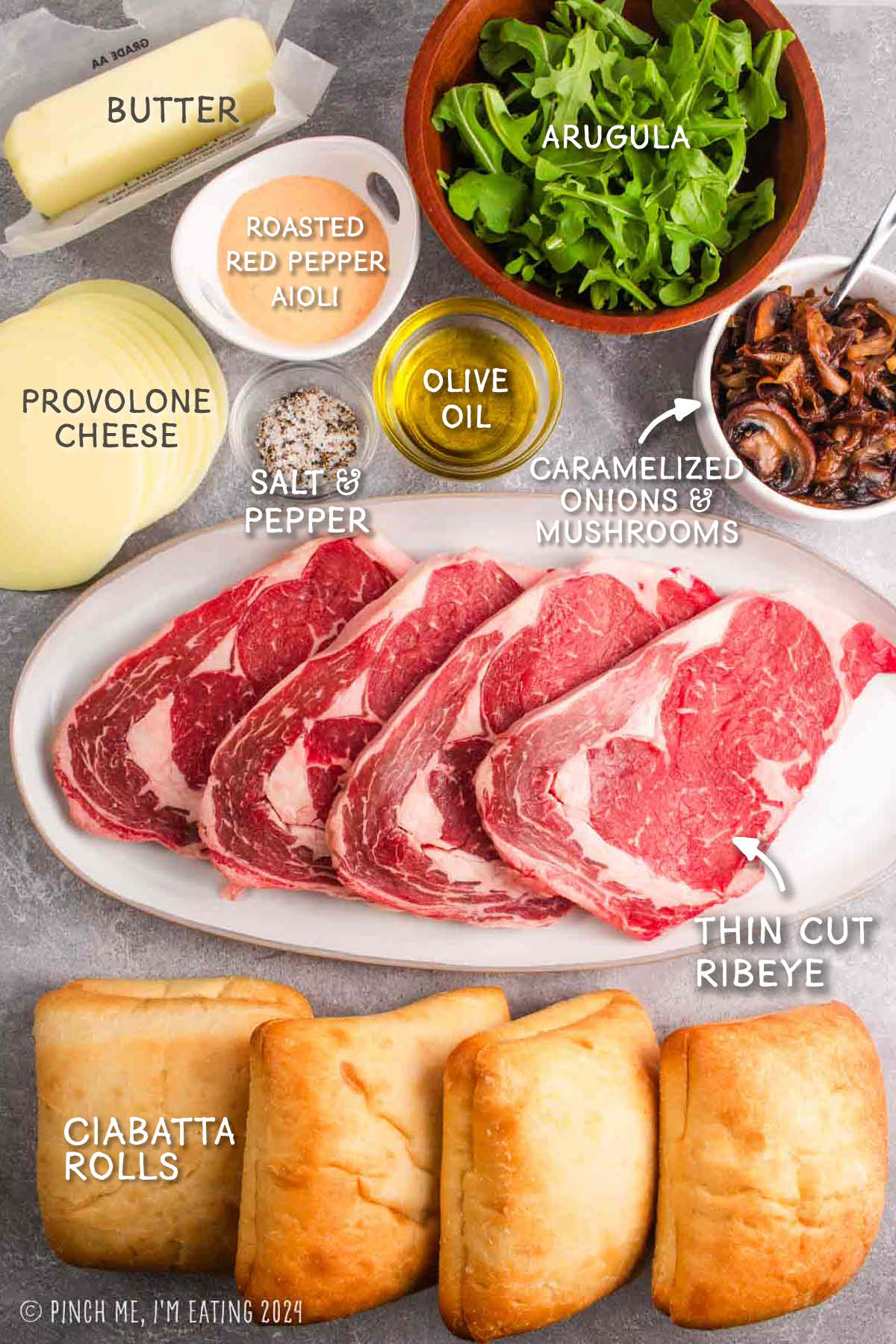 Ingredients for a grilled ribeye steak sandwich.