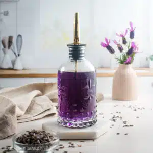 Homemade lavender simple syrup in a decorative glass bottle.