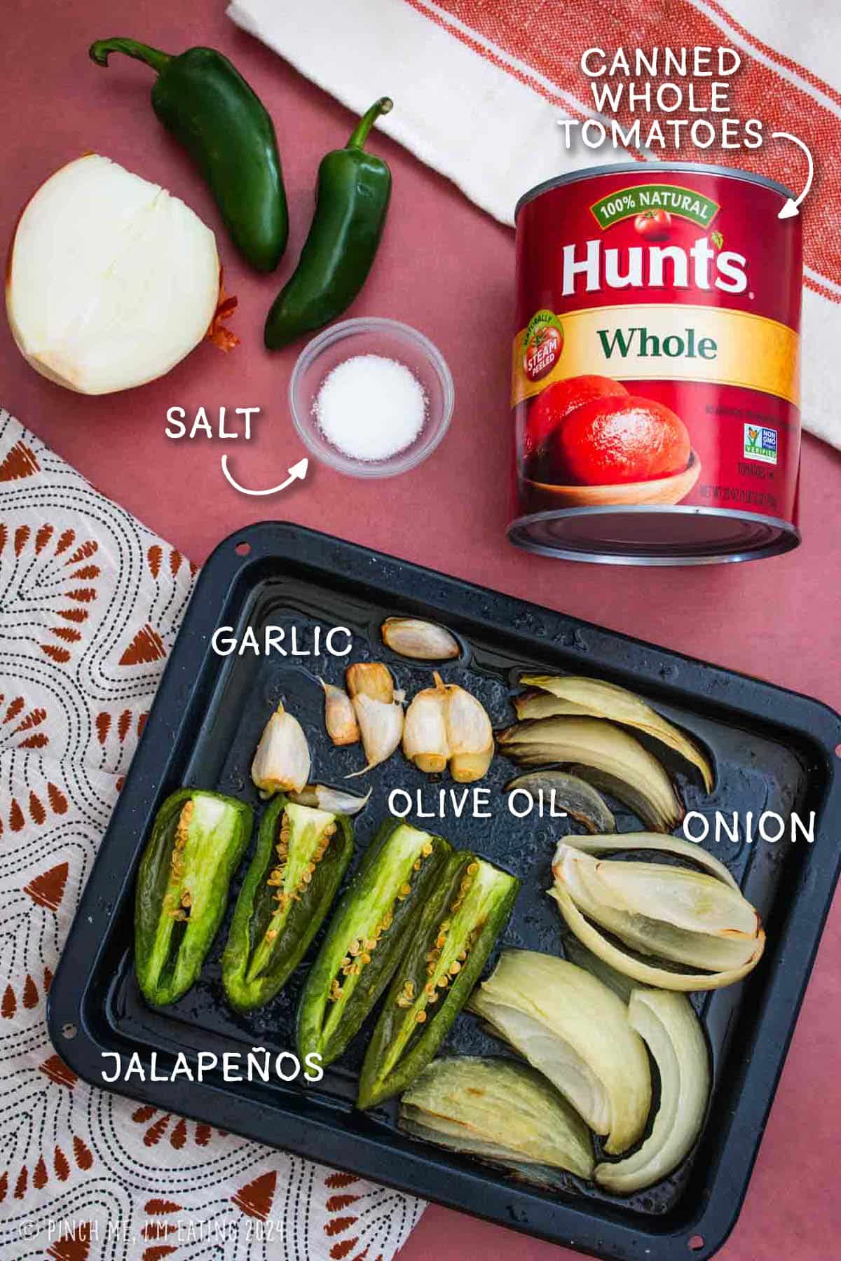 Labeled ingredients for making restaurant-style tomato jalapeño blender salsa.