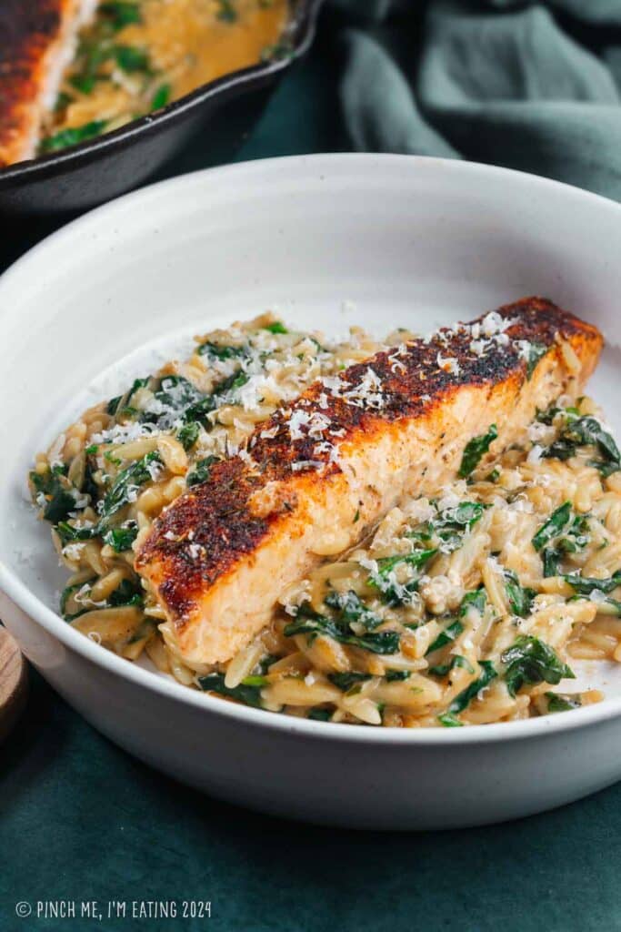 Blackened salmon fillet over bed of creamy orzo and spinach in a white pasta dish, topped with parmesan cheese.