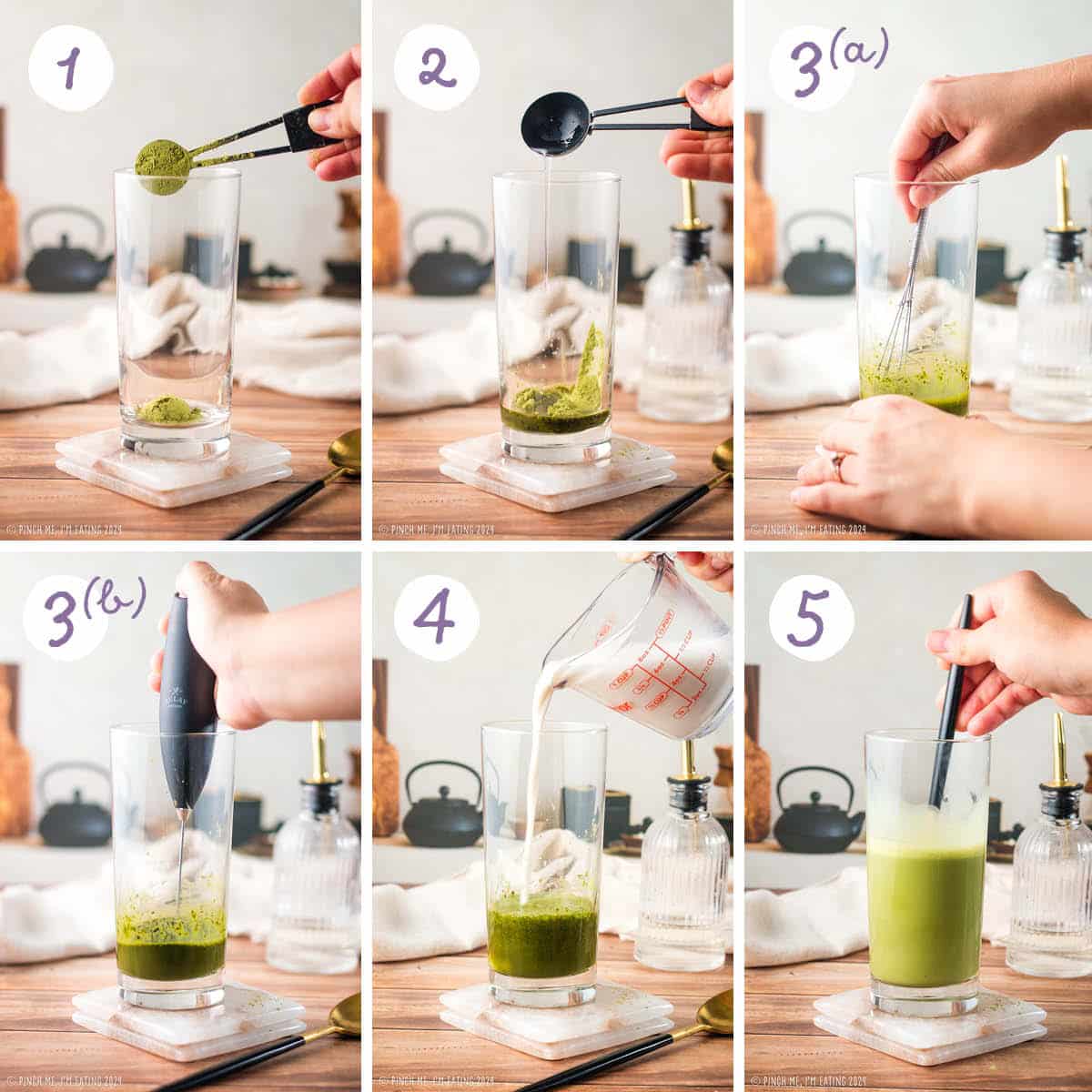 Step by step collage for how to make a Starbucks iced lavender cream oat milk matcha latte: Mixing the latte.