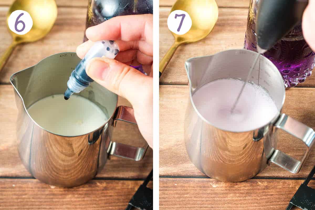 Step by step collage for how to make a Starbucks iced lavender cream oat milk matcha latte: Frothing the lavender cold foam.