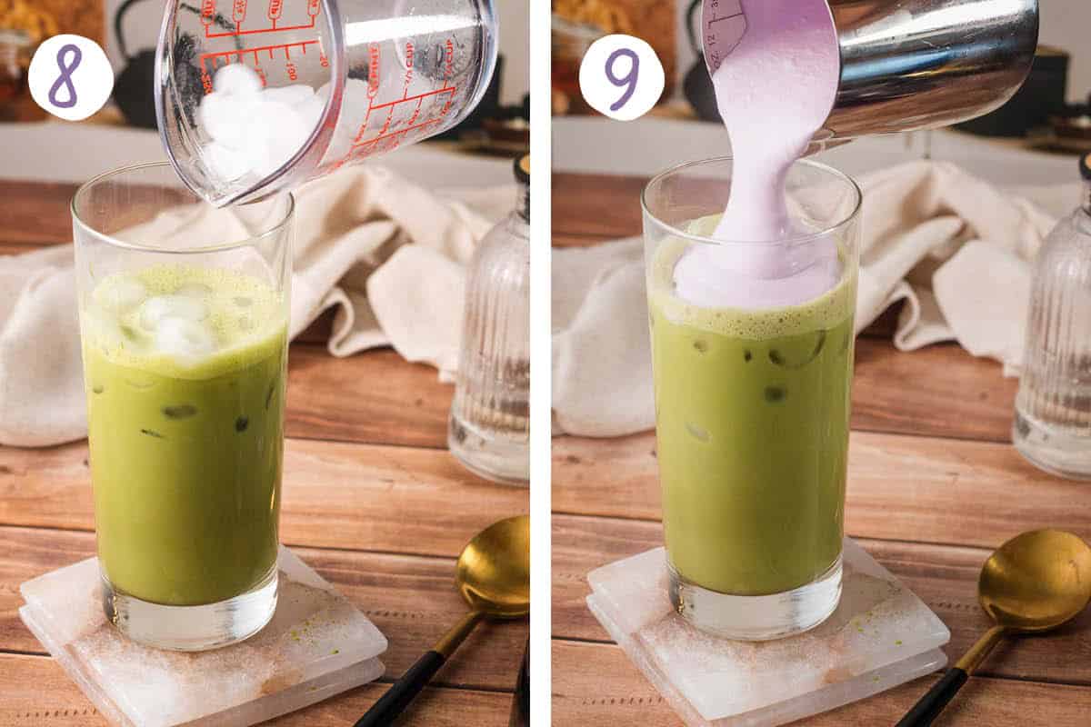 Step by step collage for how to make a Starbucks iced lavender cream oat milk matcha latte: Adding ice and pouring on the lavender cream.