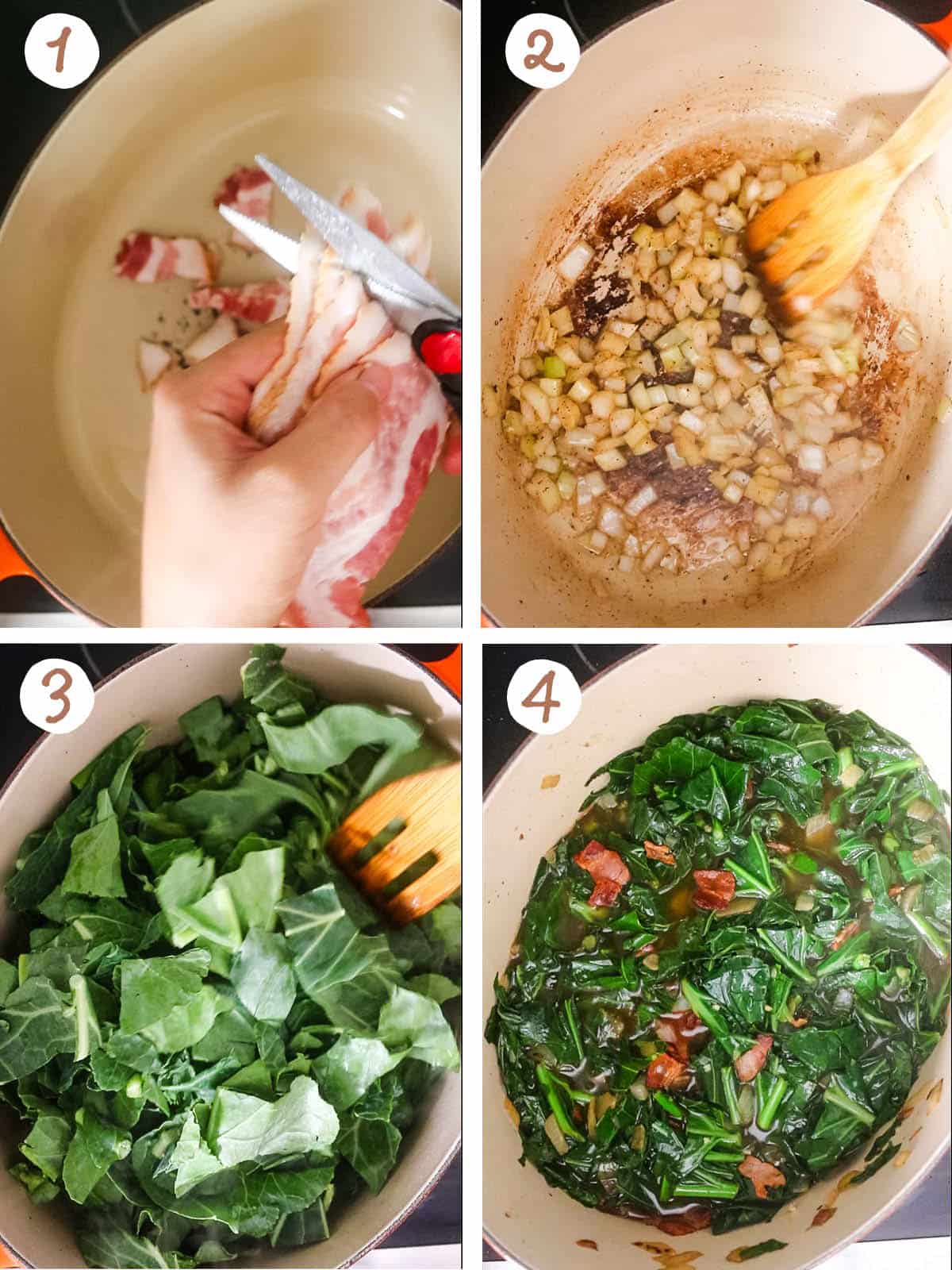 Step by step images showing how to braise collard greens.